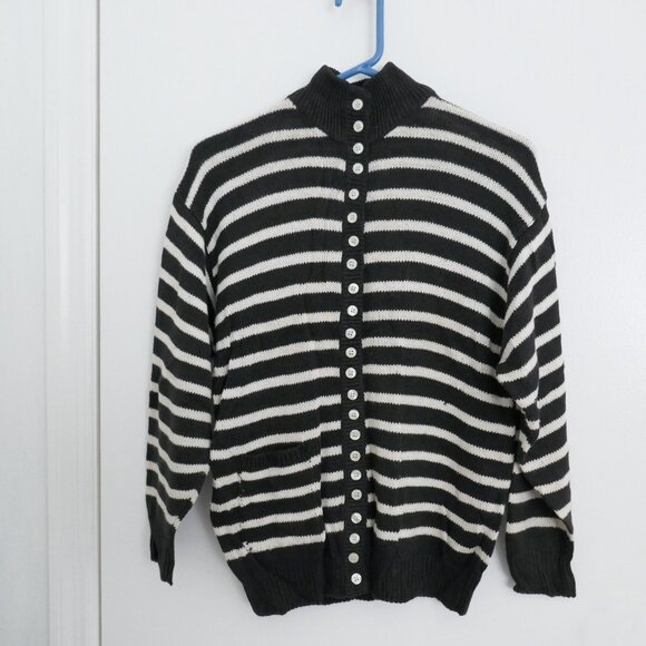 vintage 80s charcoal gray white stripe mock neck drop shoulder cardigan sweater - Picture 3 of 5